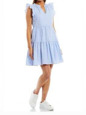 A LOVES A Tiered Pinstripe Dress cotton ruffle sleeve beach coastal L